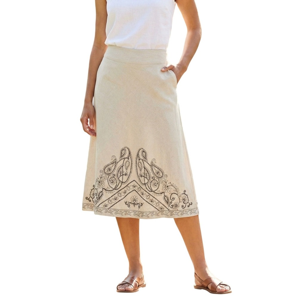 VTG Richard Malcolm Beige Linen Blend A-Line Embroidered Midi Skirt Size 10‎